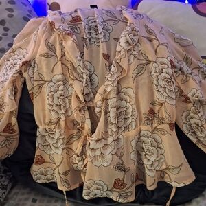 Forever 21 Sheer Floral Wrap Around Blouse Peach & White Womens Sz Med